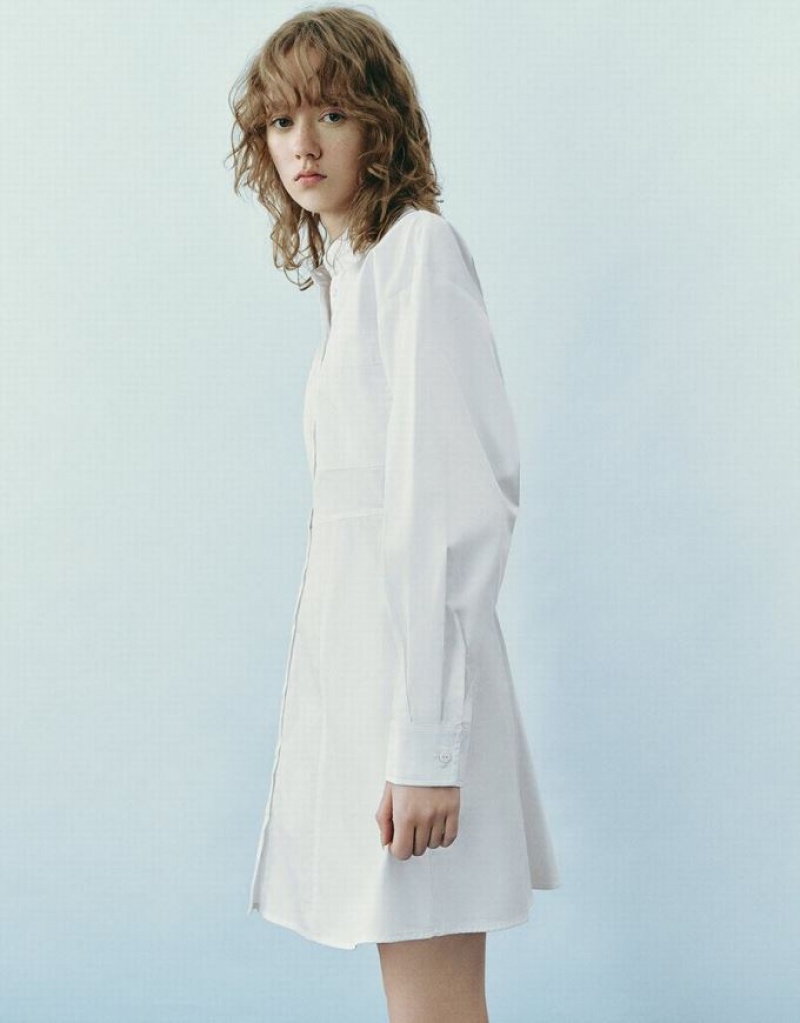 White Urban Revivo Drop Shoulder Sleeve Skater Women's Shirt Dress | 31870FREX