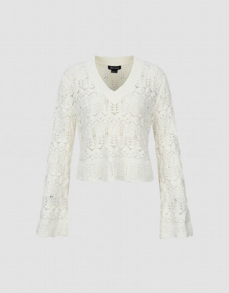 White Urban Revivo Drop Shoulder Sleeve V-Neck Knitted Women's Cardigan | 02937ENVQ