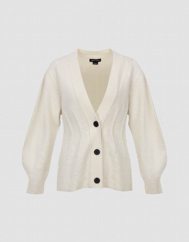 White Urban Revivo Drop Shoulder Sleeve V-Neck Knitted Women's Cardigan | 06815UNGA