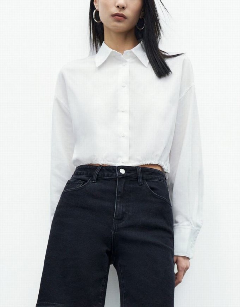 White Urban Revivo Elastic Hem Cropped Balloon Women's Shirts | 28671XFPJ