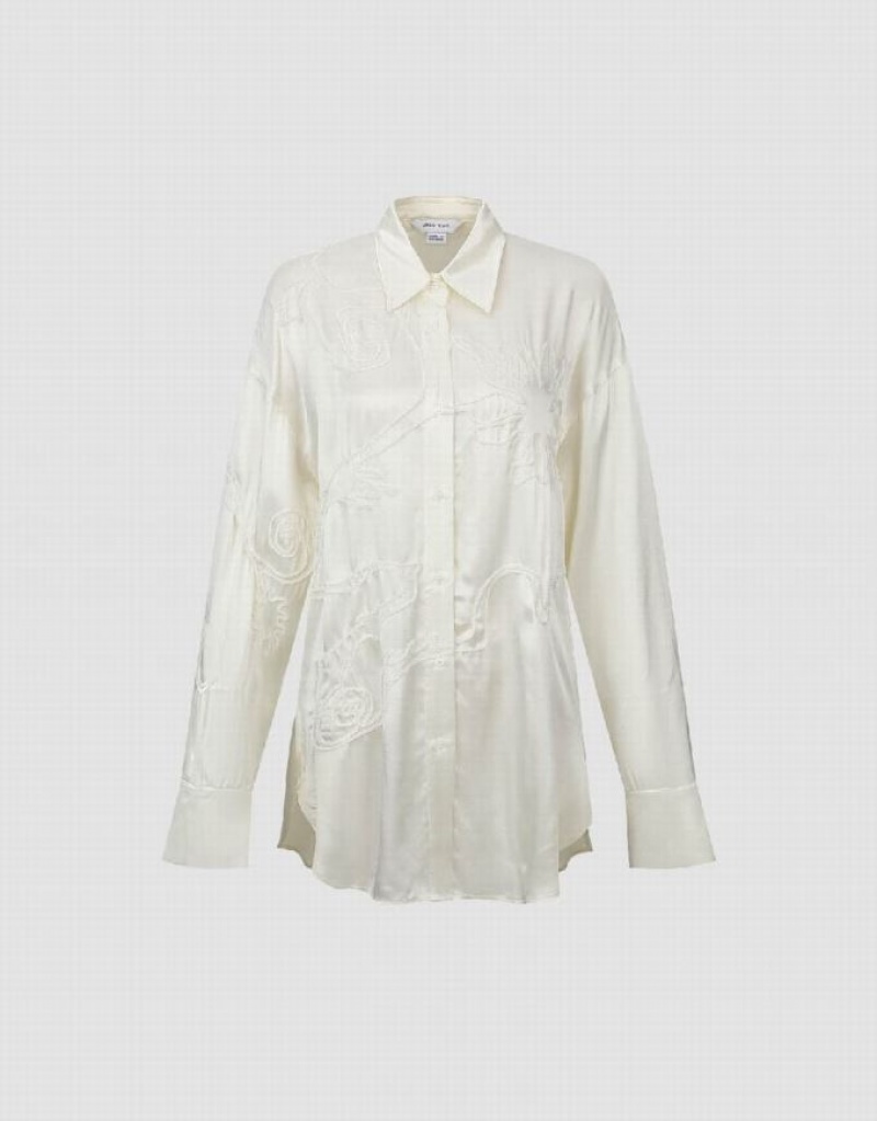 White Urban Revivo Flower Embossed Loose Women's Shirts | 07186WFTG