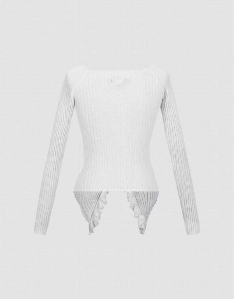 White Urban Revivo Frill Trim Knitted Women's Cardigan | 71324UWLG