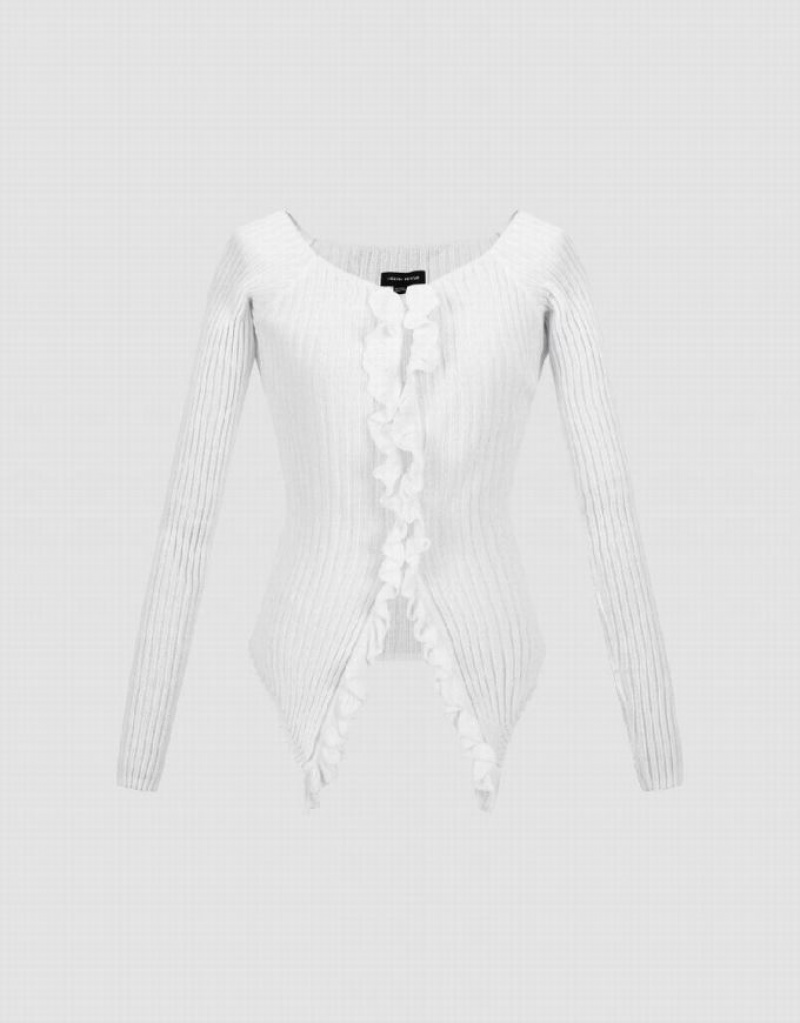 White Urban Revivo Frill Trim Knitted Women's Cardigan | 71324UWLG