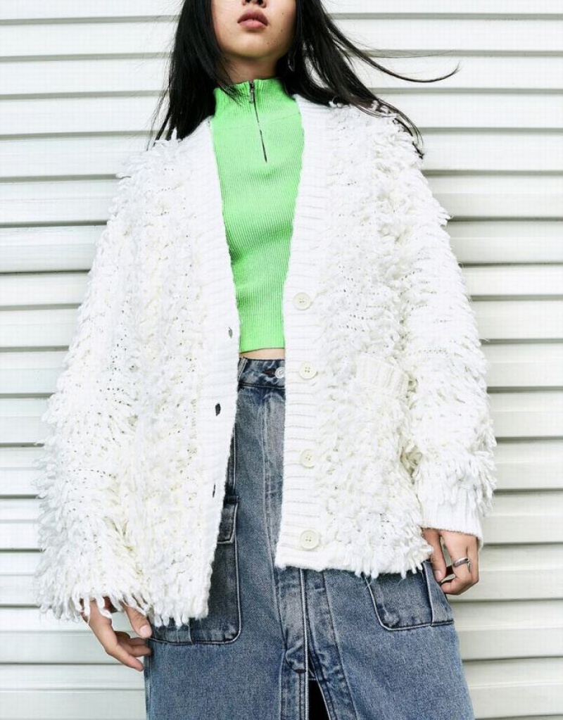 White Urban Revivo Furry V-Neck Knitted Women's Cardigan | 34728FHDZ