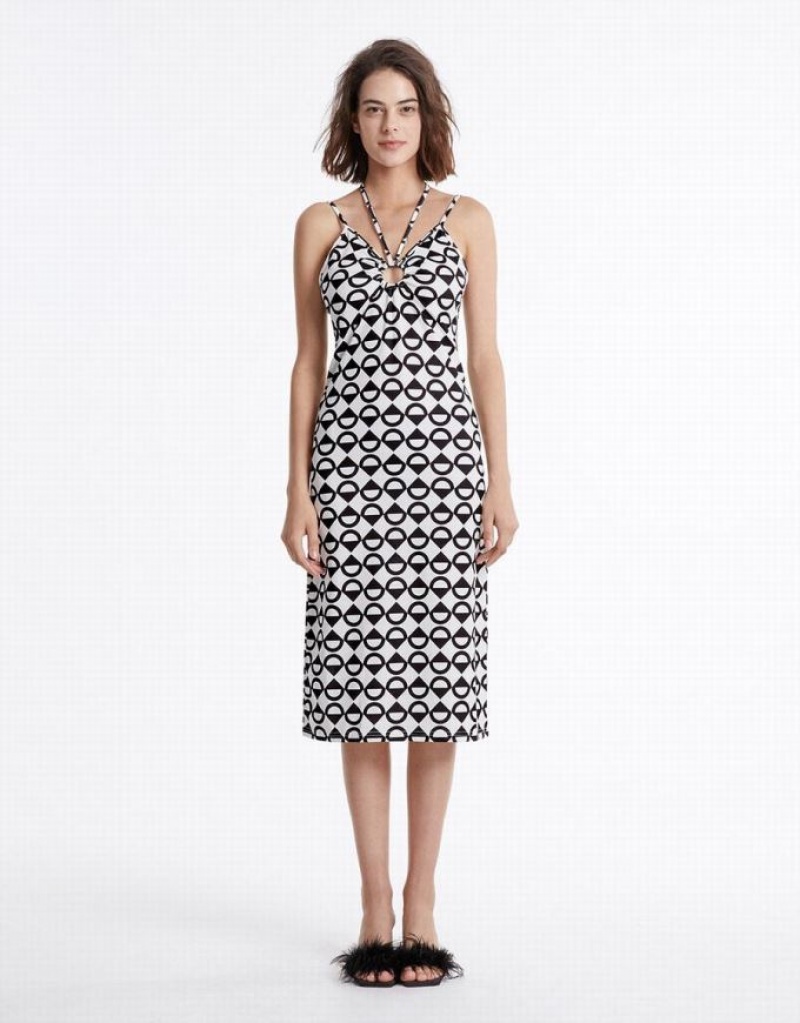 White Urban Revivo Geometric Print Midi Women's Midi Dress | 53081FLMN