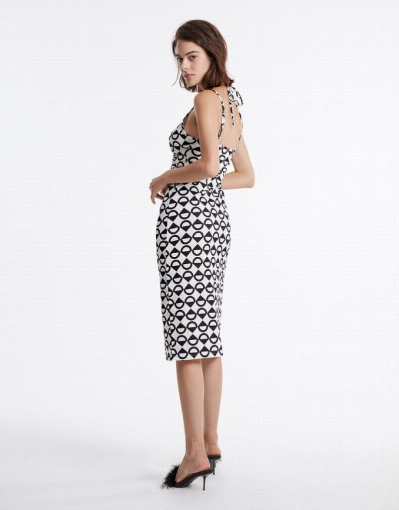 White Urban Revivo Geometric Print Midi Women's Midi Dress | 53081FLMN