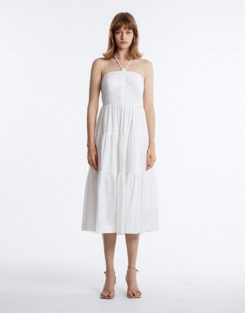 White Urban Revivo Halter Tiered Midi Women's Midi Dress | 48023WMGF