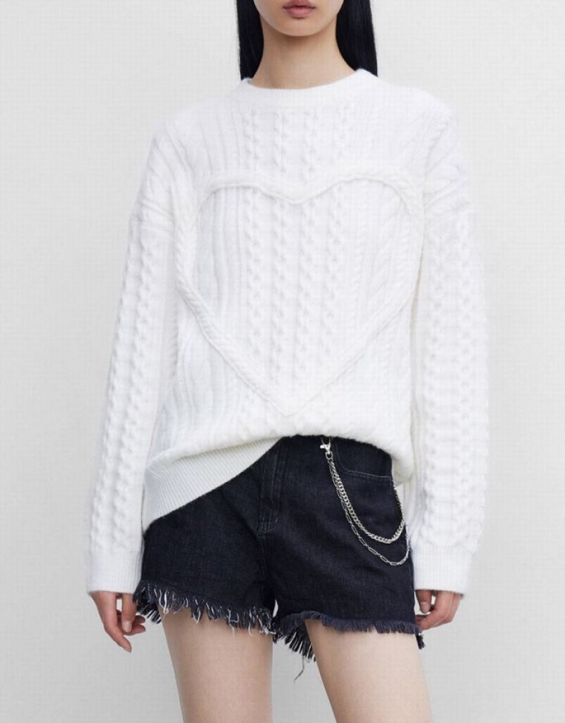 White Urban Revivo Heart Cable Knit Women's Sweaters | 45602WADK