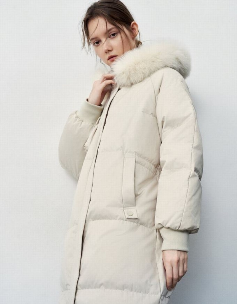 White Urban Revivo Hooded With Furry Collar Women's Down Jackets | 71586PTUA