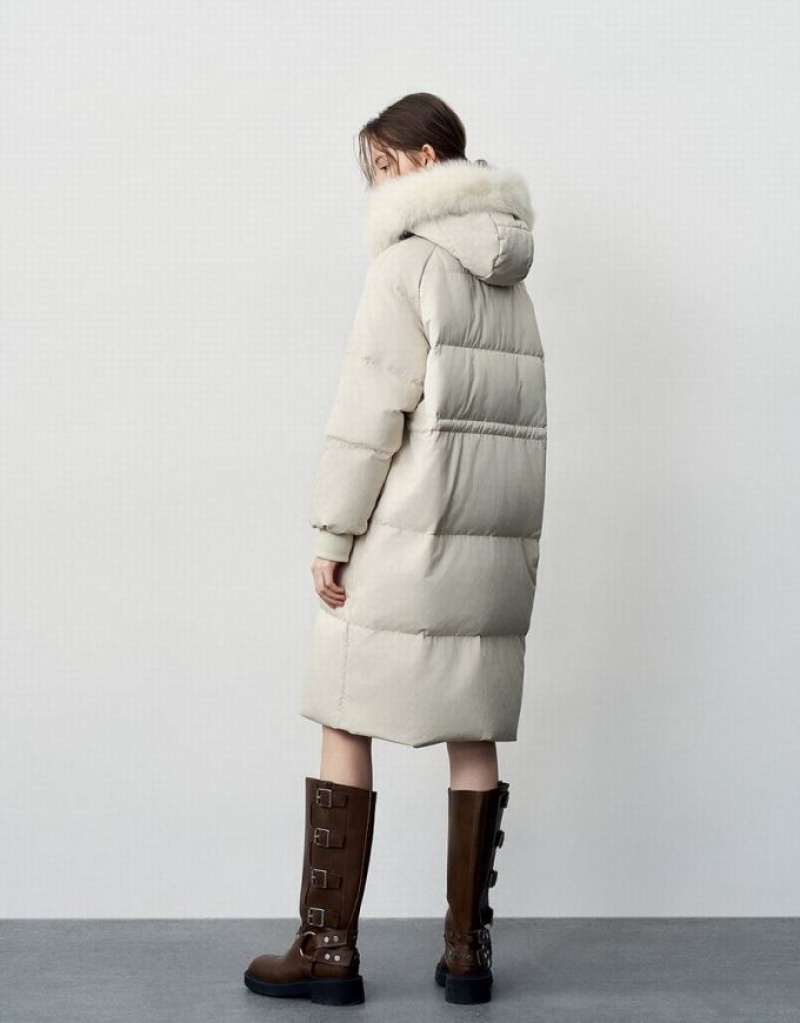 White Urban Revivo Hooded With Furry Collar Women's Down Jackets | 71586PTUA