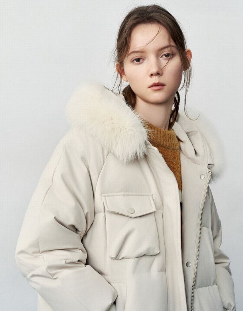 White Urban Revivo Hooded With Furry Collar Women's Down Jackets | 71586PTUA