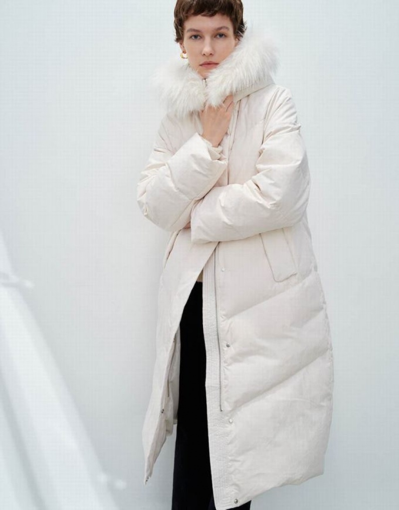 White Urban Revivo Hoodie With Furry Collar Women's Down Jackets | 17032LIGV