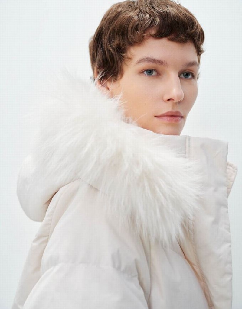 White Urban Revivo Hoodie With Furry Collar Women's Down Jackets | 17032LIGV