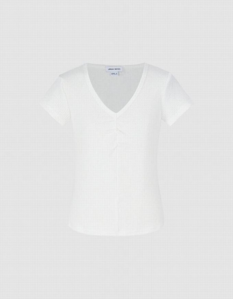 White Urban Revivo Knitted V-Neck Skinny Women's T-Shirts | 95602JDFR