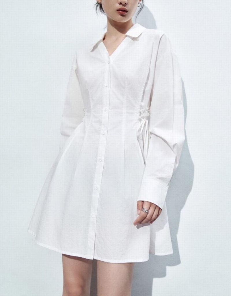 White Urban Revivo Lace Up Side Skater Women's Shirt Dress | 58347ZIRV