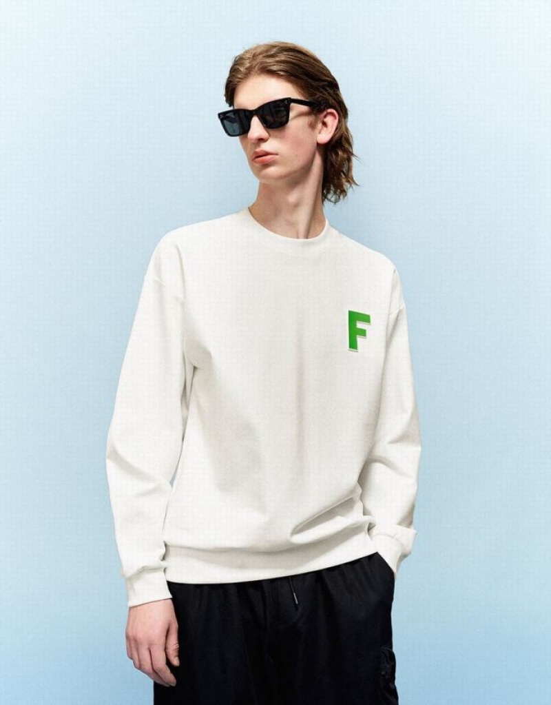 White Urban Revivo Letter Embossed Crew Neck Men's Sweatshirts | 41023JCUA