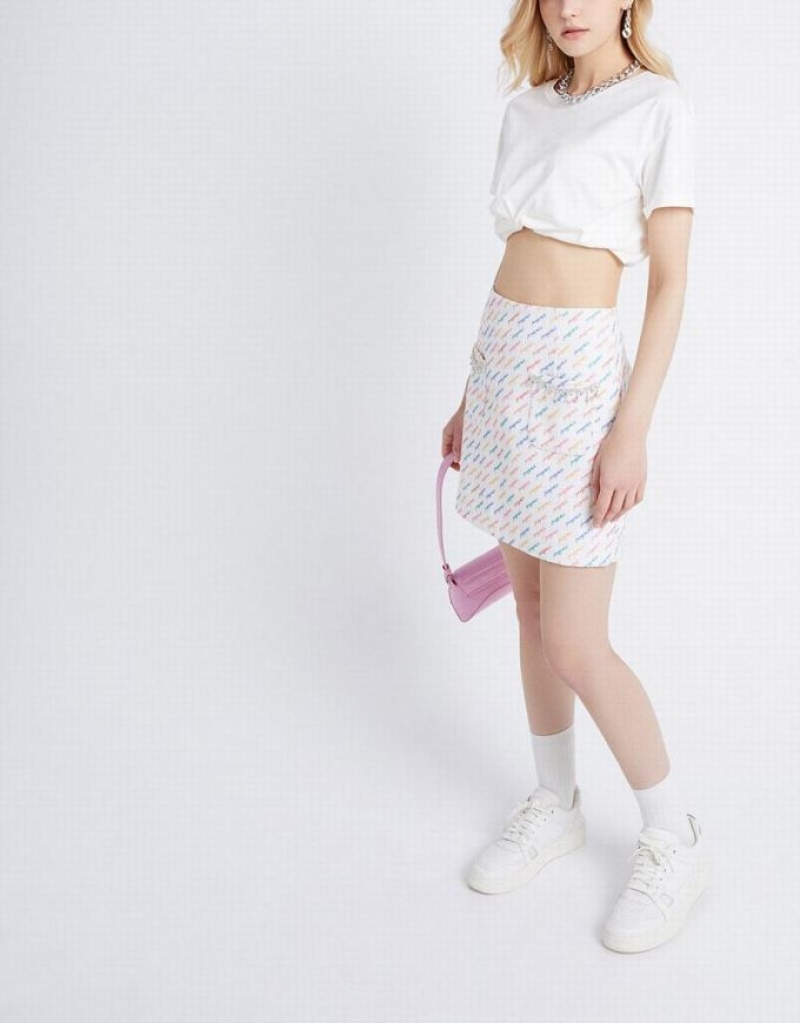 White Urban Revivo Letter Print Rhinestone Detail Women's Skirts | 83750ZNDC