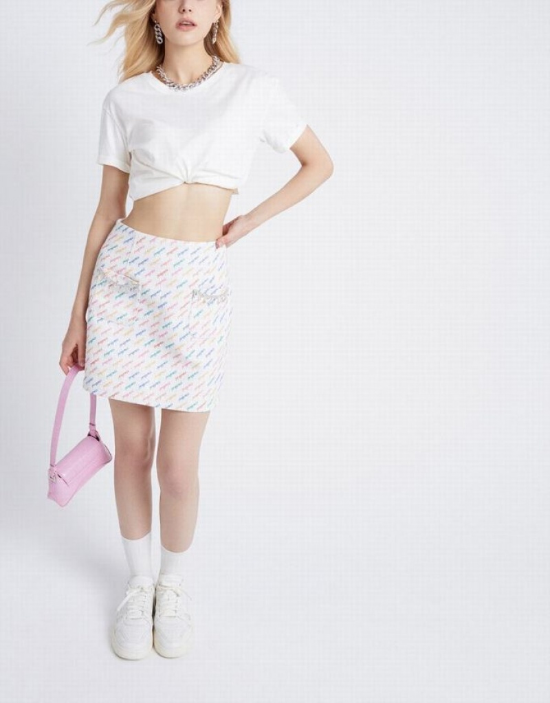 White Urban Revivo Letter Print Rhinestone Detail Women's Skirts | 83750ZNDC