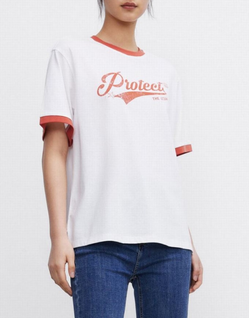 White Urban Revivo Letter Print Women's T-Shirts | 89167FTIX