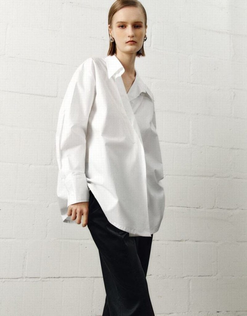 White Urban Revivo Loose Sraight Women's Shirts | 54286GFOZ