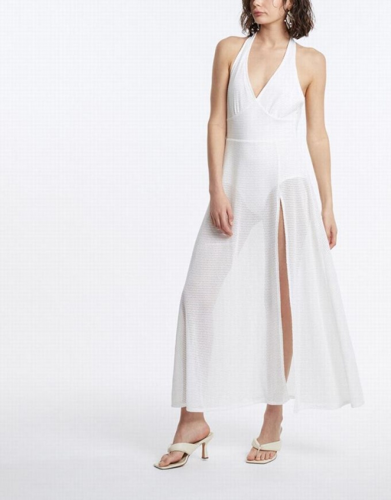 White Urban Revivo Maxi Halter Women's Maxi Dress | 85142LGTQ