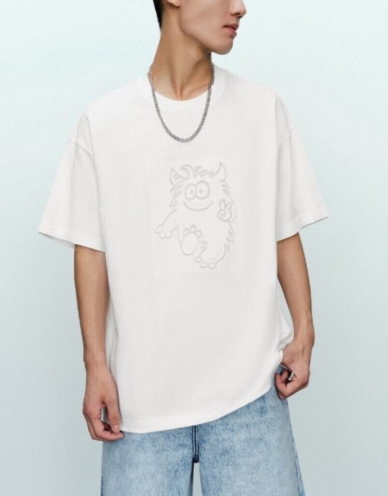 White Urban Revivo Monster Printed Crew Neck Men's T-Shirts | 34650PQKN