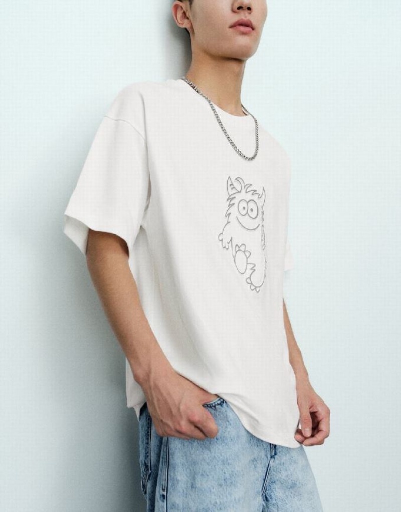 White Urban Revivo Monster Printed Crew Neck Men's T-Shirts | 34650PQKN