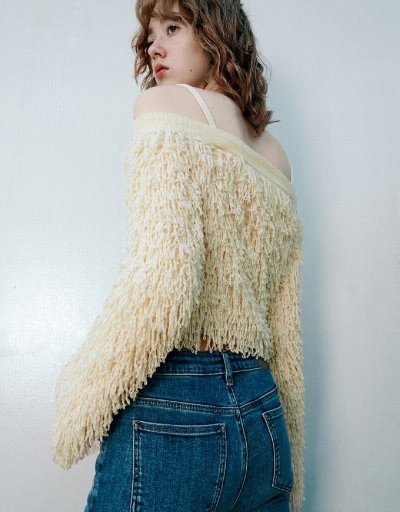 White Urban Revivo Off-Shoulder Knitted Skinny Women's Cardigan | 89430BCZR