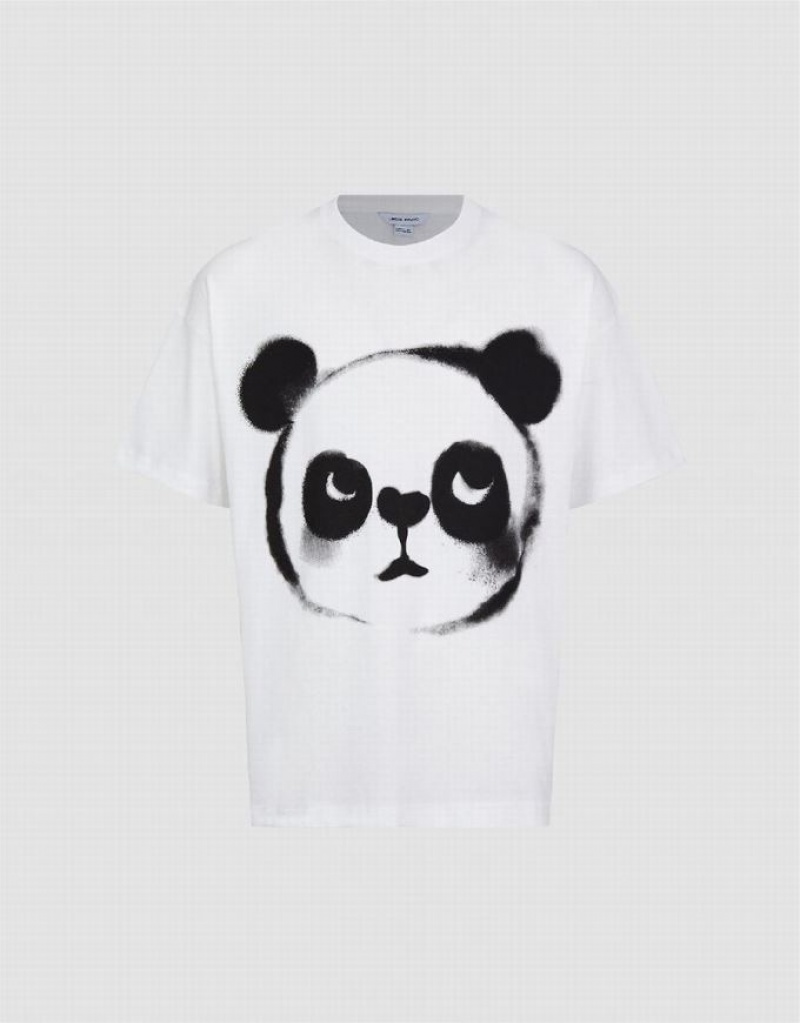 White Urban Revivo Panda Printed Crew Neck Men\'s T-Shirts | 85931SMHN