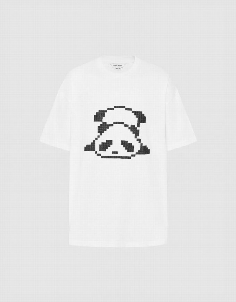 White Urban Revivo Panda Printed Crew Neck Men's T-Shirts | 08397PHMO