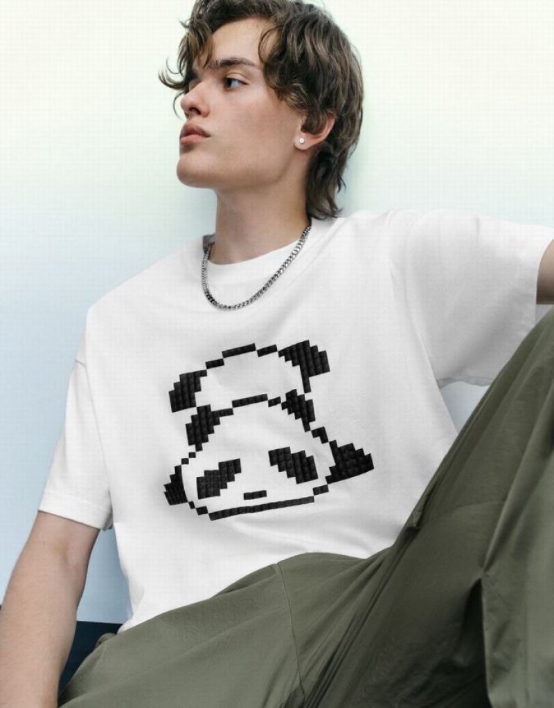 White Urban Revivo Panda Printed Crew Neck Men's T-Shirts | 08397PHMO