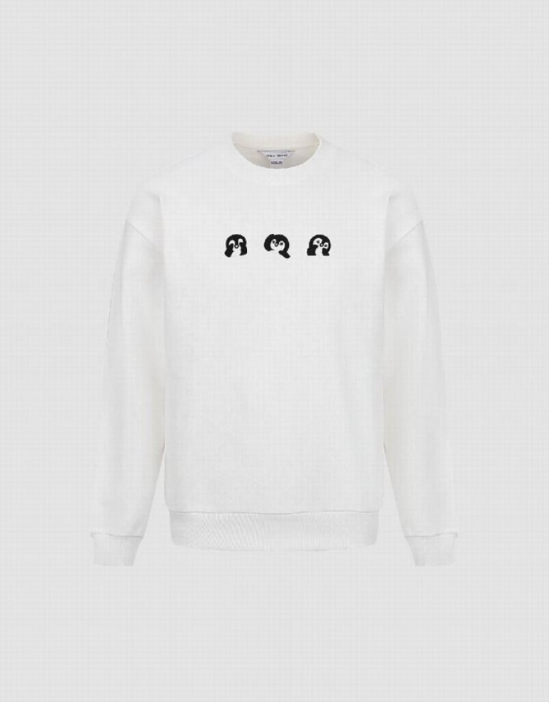 White Urban Revivo Penguins Printed Crew Neck Men's Sweatshirts | 67124ADEQ