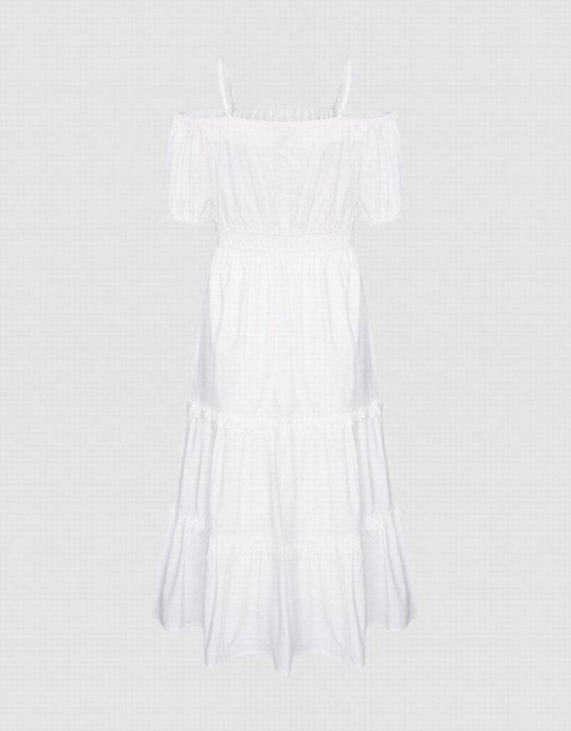 White Urban Revivo Plain Cold Shoulder Tiered Midi Women's Midi Dress | 49723OXHF