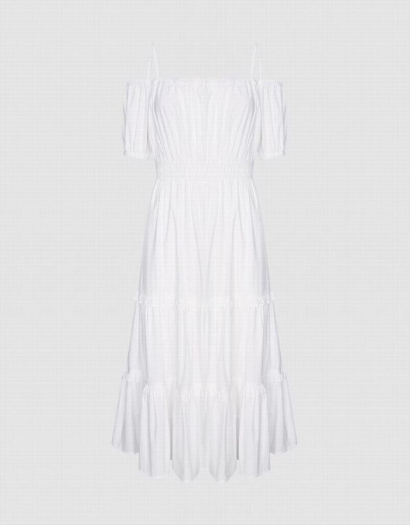 White Urban Revivo Plain Cold Shoulder Tiered Midi Women\'s Midi Dress | 49723OXHF