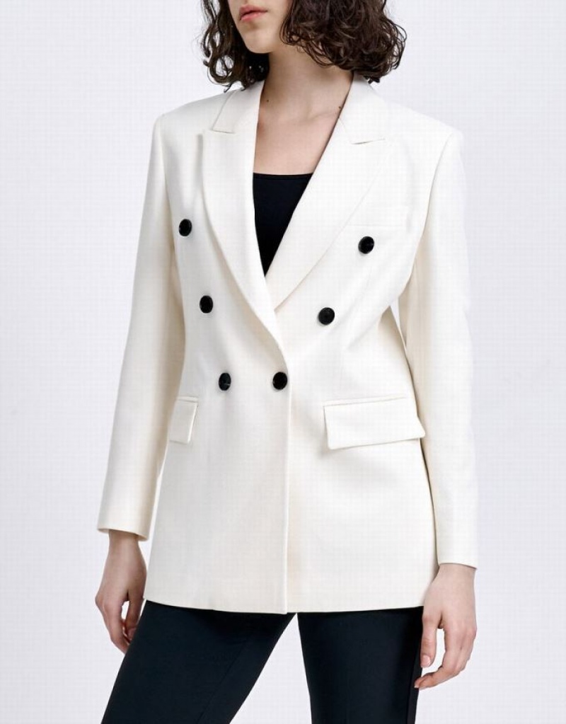 White Urban Revivo Plain Double Breasted Women's Blazers | 80764PSJF