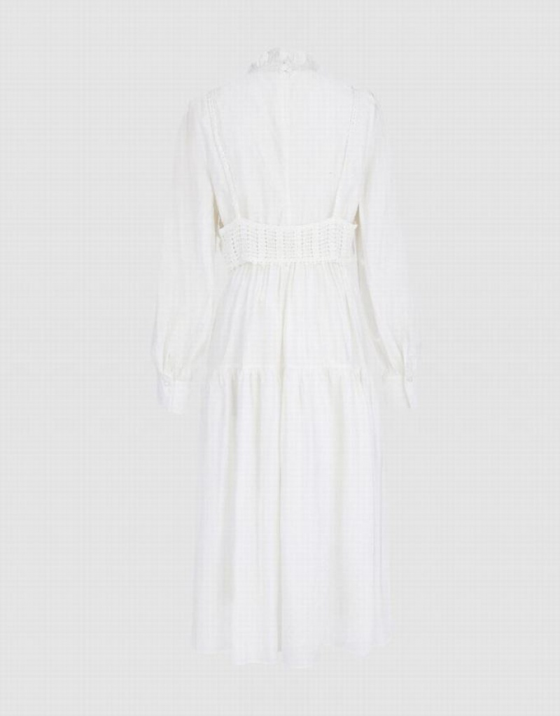 White Urban Revivo Plain Frill Trim Puff Sleeve Women's Casual Dress | 02459AQEK