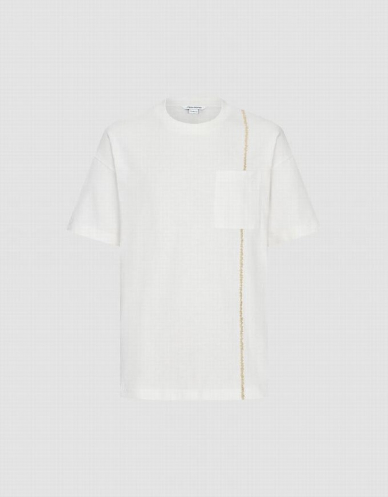 White Urban Revivo Pocket Patched Crew Neck Men's T-Shirts | 61352ILQO