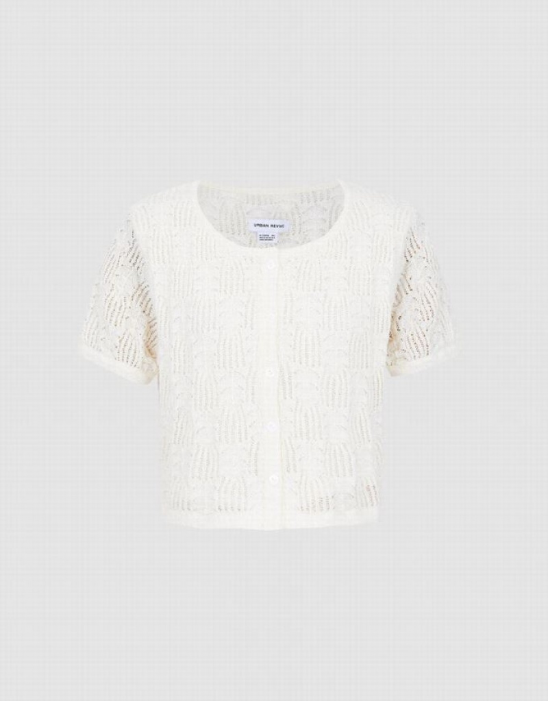 White Urban Revivo Pointelle Short Sleeve Women\'s Cardigan | 76312VTDN