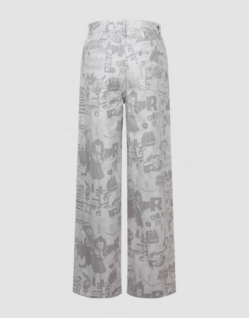 White Urban Revivo Printed Wide-Leg Women's Jeans | 52370XHBZ