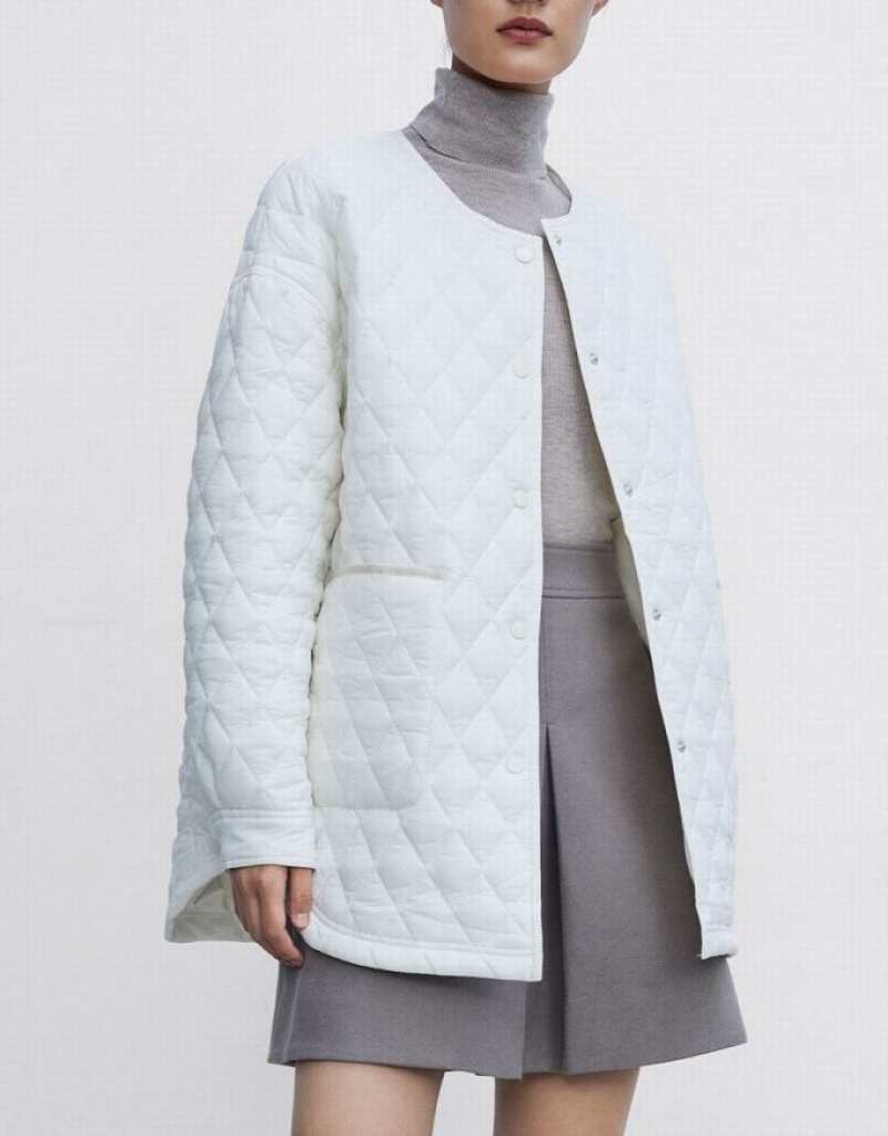 White Urban Revivo Quilted Statement Collar Winter Women's Coats | 79438IKZF