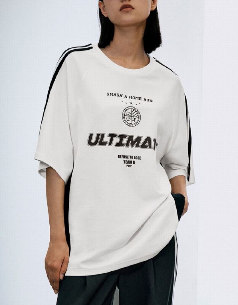 White Urban Revivo Raglan Sleeve Crew Neck Loose Women's T-Shirts | 10479EILZ