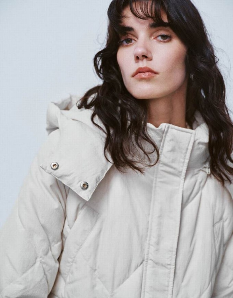 White Urban Revivo Raglan Sleeve Hooded Women's Down Jackets | 58347KNPJ