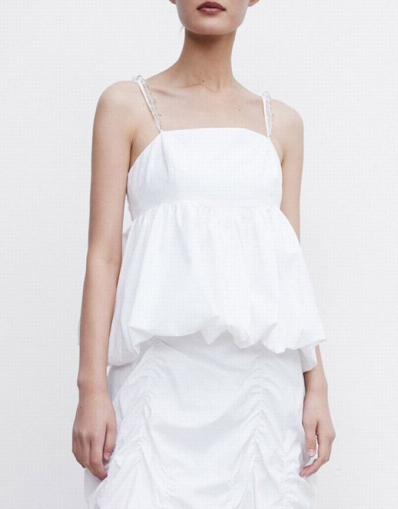 White Urban Revivo Ruffle Hem With Beaded Strap Women's Camisole | 63819IMKR