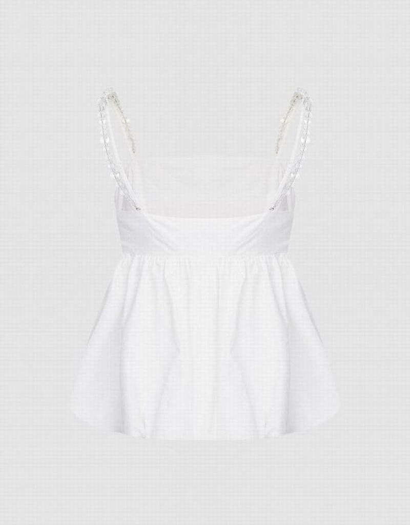 White Urban Revivo Ruffle Hem With Beaded Strap Women's Camisole | 63819IMKR