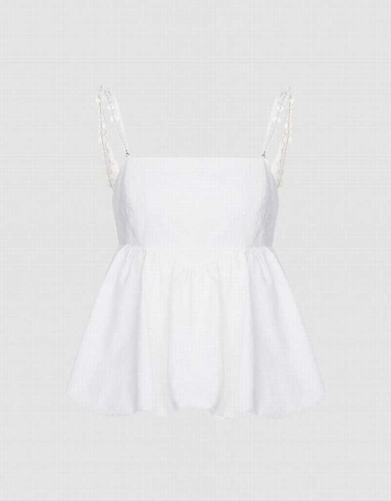 White Urban Revivo Ruffle Hem With Beaded Strap Women\'s Camisole | 63819IMKR