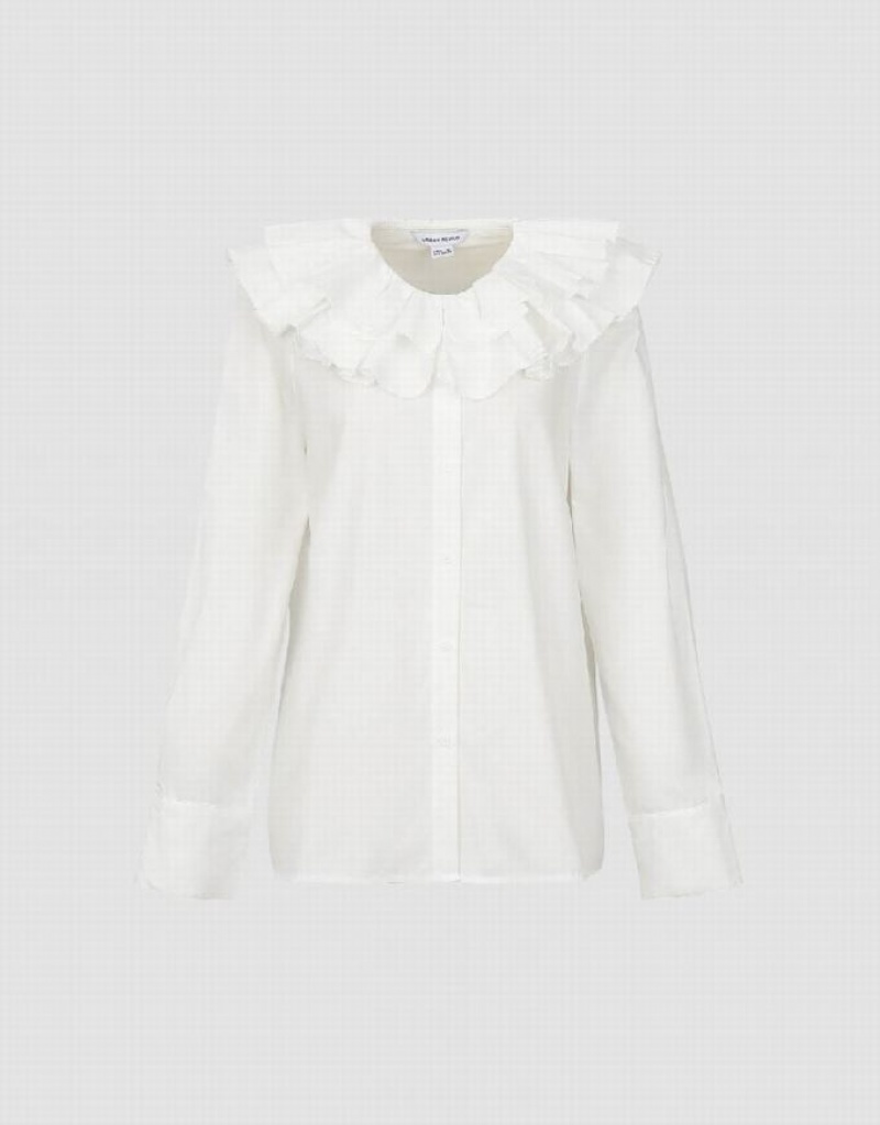 White Urban Revivo Ruffle Lapel Women's Shirts | 82403XWJU