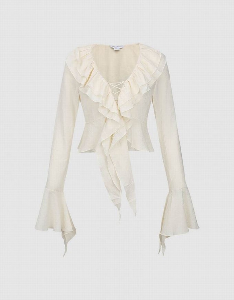 White Urban Revivo Ruffle Lapel Women's Shirts | 32918TWGX