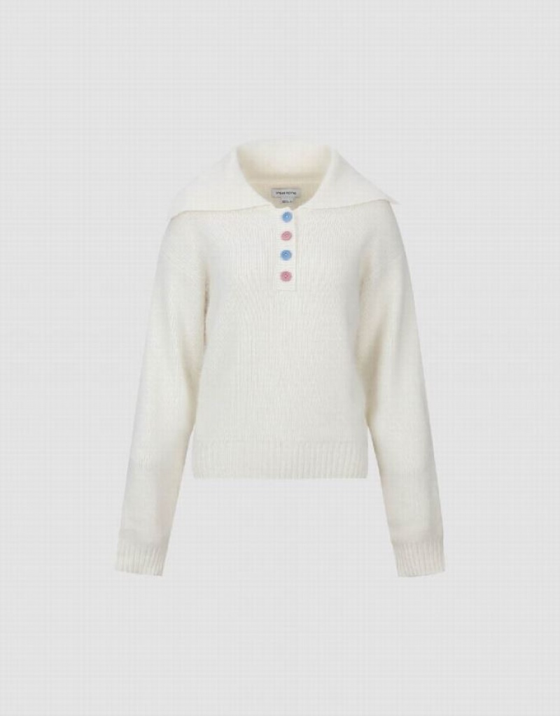 White Urban Revivo Sailor Collar Neck Knitted Women's Cardigan | 96172IJSU