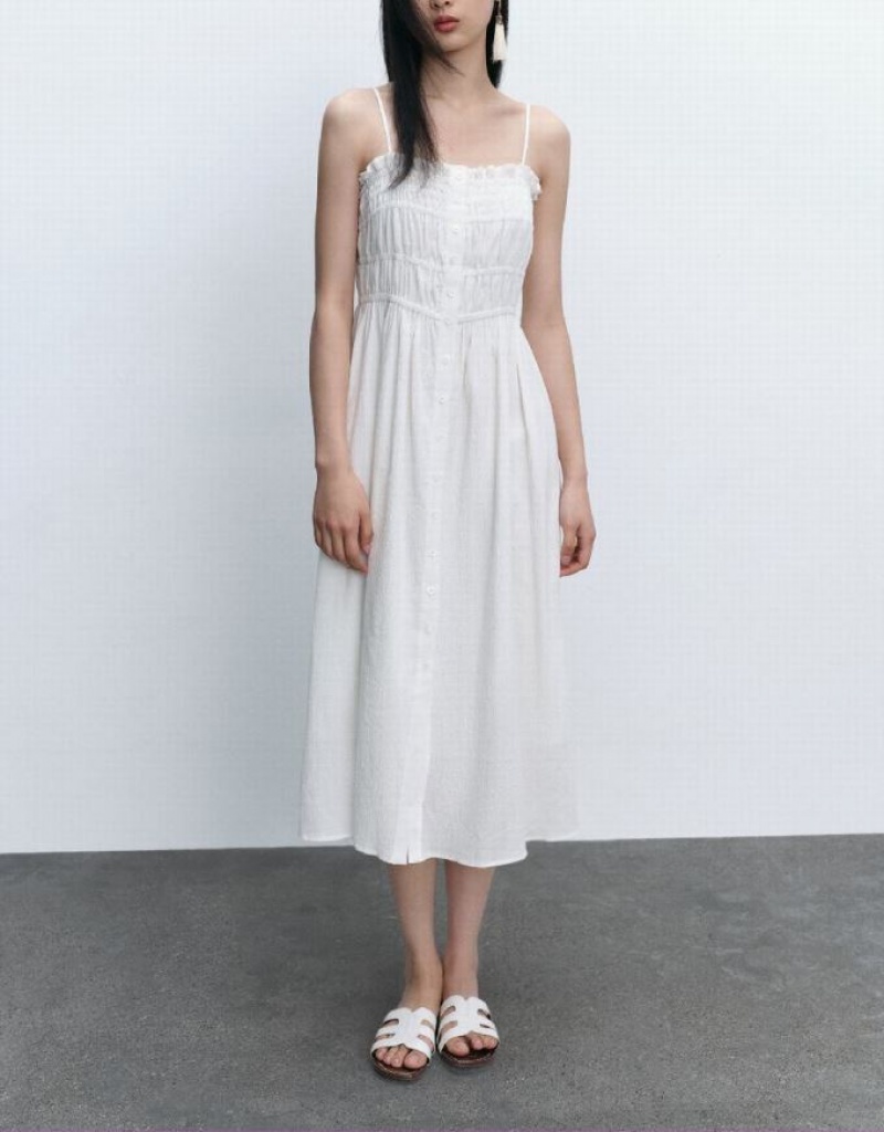 White Urban Revivo Shirred Sleeveless Midi Women's Midi Dress | 31705SQZA