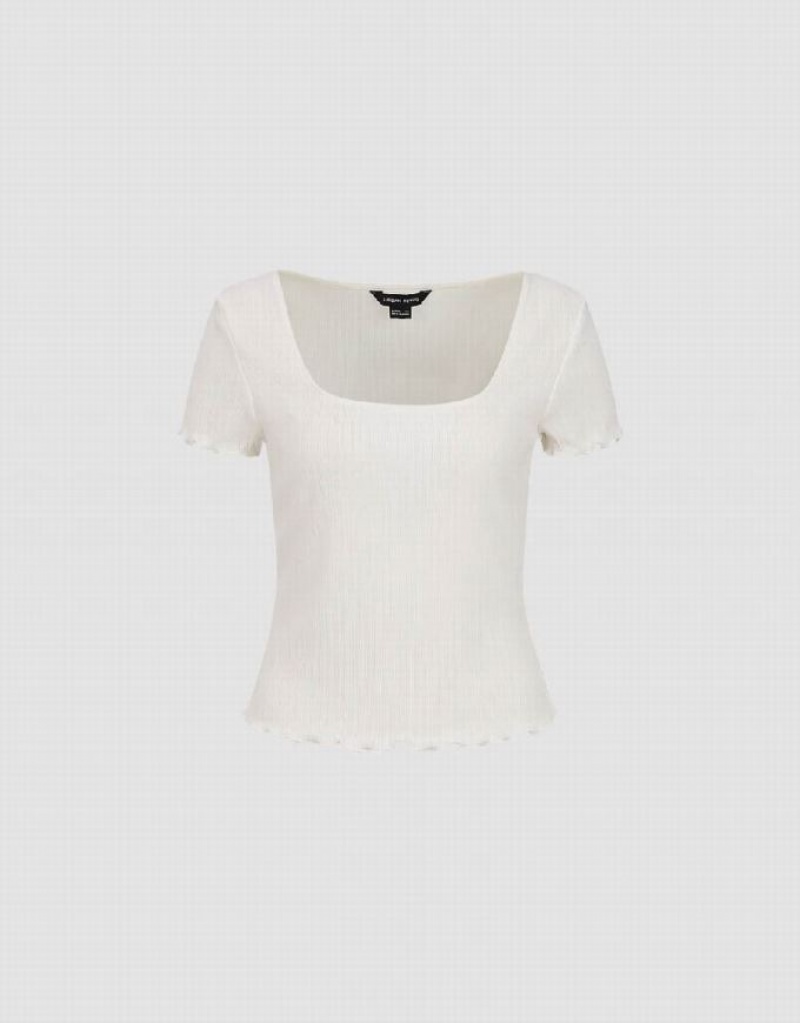 White Urban Revivo Shirred U Neck Skinny Women's T-Shirts | 63049RJSK